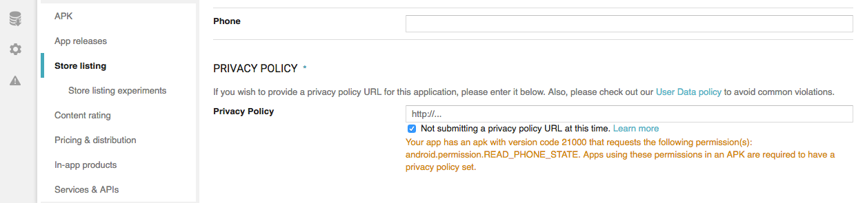 Google_Play_Developer_Console Warning Permission - Store Listing